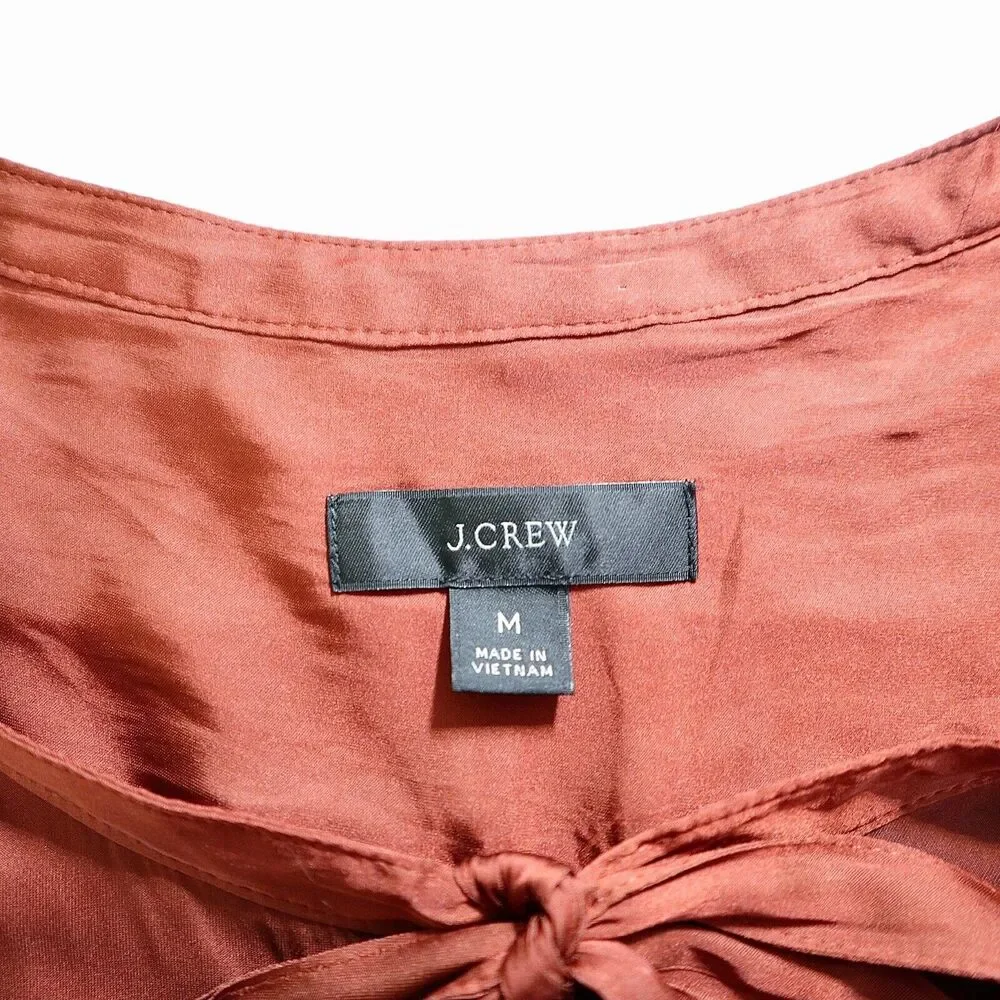 J Crew Size M Featherweight Satin Tie Neck Blouse Clay Tile Orange